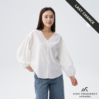 V-Neck Puffed Long Sleeve Blouse – Relaxed Fit