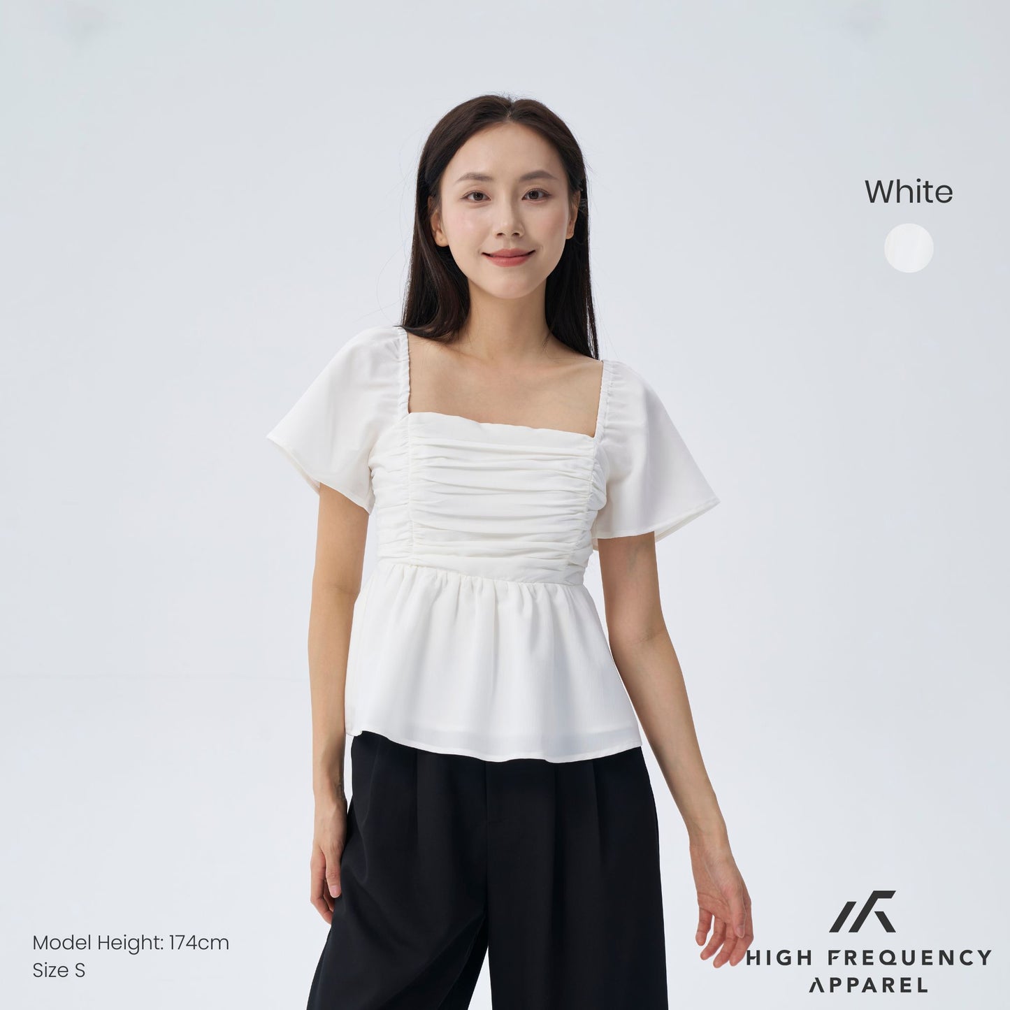 hfa women’s flutter sleeve padded smocked back blouse