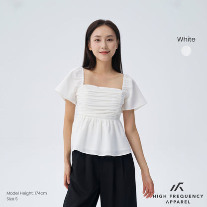 HFA Women’s Flutter Sleeve Padded Smocked Back Blouse